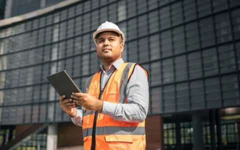 Constructor Civil con casco y chaleco naranja revisa datos en tablet frente a edificio moderno con estructura de vidrio.