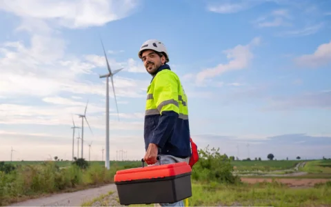 Ingeniero en electricidad y energías renovables en terreno con aerogeneradores al fondo sostiene caja de herramientas vestido con ropa reflectante segura.
