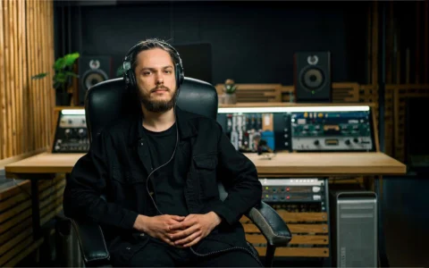 Ingeniero en sonido con audífonos trabaja concentrado en estudio profesional lleno de consolas, grabadores y mezcladores.