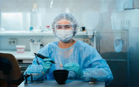 Laboratorista dental con mascarilla y guantes trabaja con herramienta sobre prótesis en laboratorio clínico especializado.