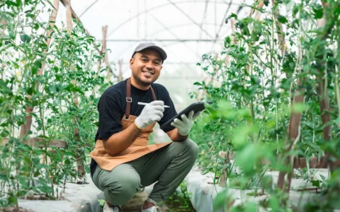 Estudiante con guantes y tablet toma notas detalladas entre hileras de cultivos verdes en moderno invernadero agrícola.