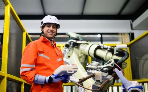 Técnico en automatización y control industrial operando equipo robótico con control remoto en planta de manufactura.