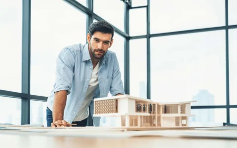 Dibujante técnico observa maqueta arquitectónica en oficina vidriada con planos y vista urbana de fondo, enfocado en el diseño.