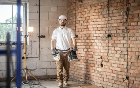 Técnico electricista con casco y guantes transporta rollo de cable en obra con muro de ladrillos y foco de trabajo encendido.