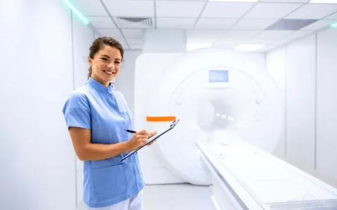 Técnica en imagenología sonriente con uniforme azul anota observaciones frente a equipo de resonancia magnética moderno.