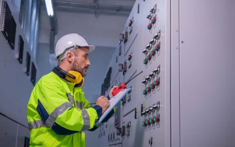 Técnico en mantenimiento eléctrico industrial con casco revisa paneles de control industrial mientras toma anotaciones en planilla sobre clipboard azul.