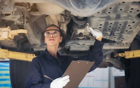 Técnica automotriz inspecciona parte baja de vehículo elevado con linterna y portapapeles en taller mecánico profesional.