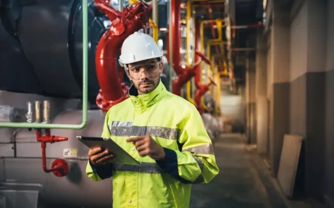 Técnico en prevención de riesgos con casco y chaqueta reflectante inspeccionando instalaciones industriales con una tablet.