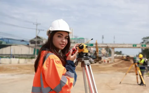 Mujer técnica en topografía utilizando equipo de medición en terreno de construcción.