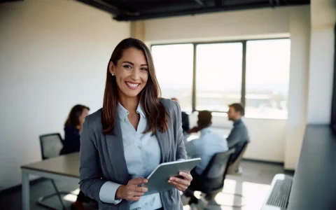 Profesional en gestión de recursos humanos con tablet sonriendo frente a equipo en sala de reuniones.