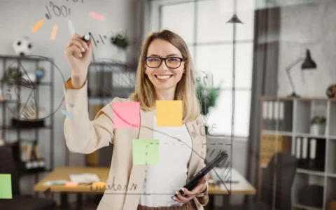 Profesional en gestión financiera planificando estrategias en pizarra.