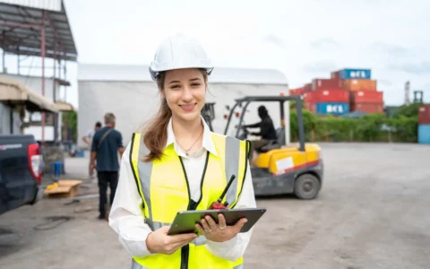 Técnica en gestión industrial con casco y chaleco reflectante usando tablet en zona de carga con contenedores y montacargas al fondo.