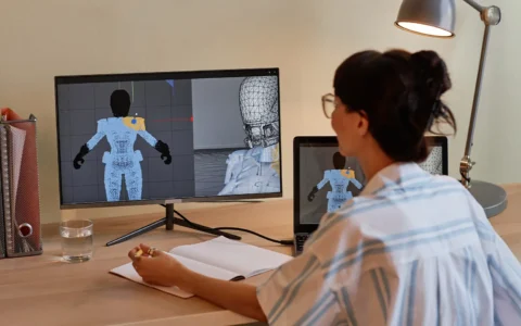 Estudiante trabajando en modelado 3D de un personaje digital en computador, utilizando software de animación y diseño tridimensional.