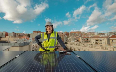 Técnica en electricidad y energías renovables inspecciona paneles en azotea urbana usando casco, chaleco reflectante y herramientas solares.