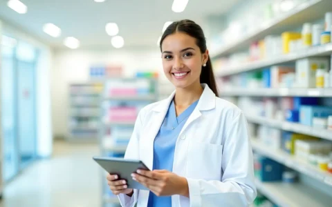 Técnica en farmacia revisando información en una tablet dentro de una farmacia, con estanterías de medicamentos al fondo.