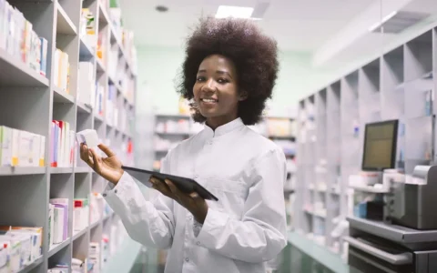 Técnica en farmacia organizando medicamentos en estantería.