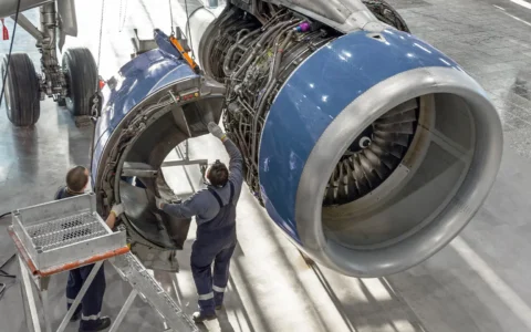 Técnicos en mantenimiento aeronáutico realizando revisión de motor de avión