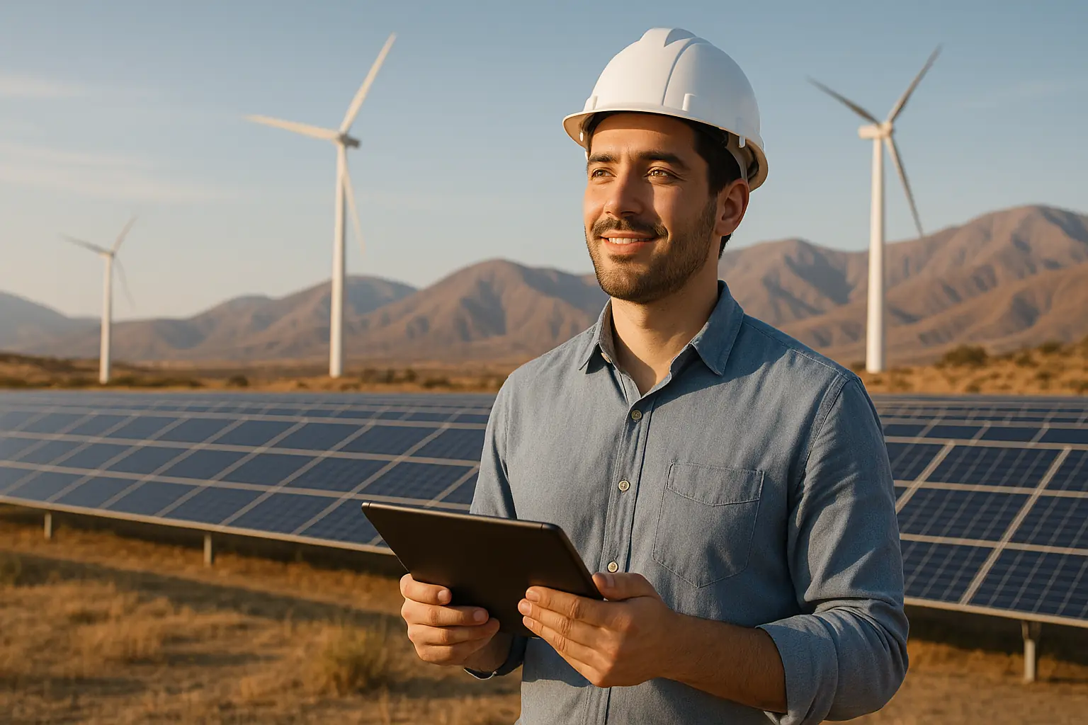 Profesional con casco de seguridad sostiene una tablet frente a paneles solares y aerogeneradores en un campo de energía renovable.